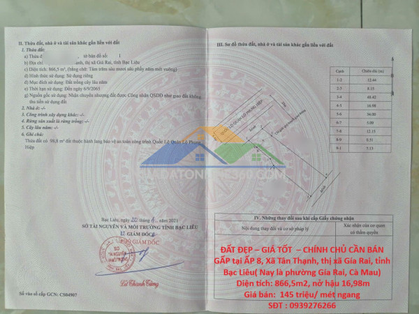 Đất đẹp – giá tốt  – chính chủ cần bán gấp tại  xã tân thạnh, thị xã gía rai, tỉnh bạc liêu