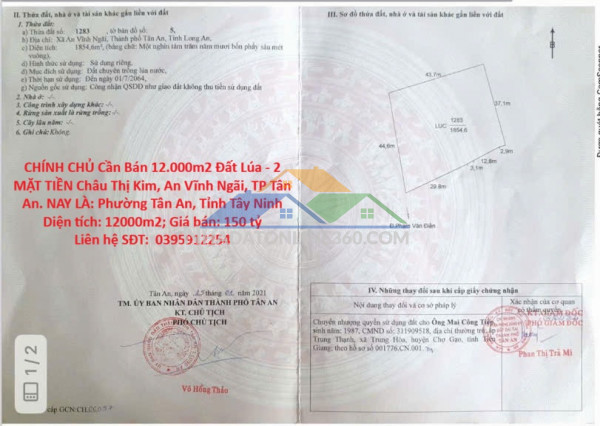 Chính chủ cần bán 12.000m2 đất lúa - 2 mặt tiền châu thị kim, an vĩnh ngãi, tp tân an