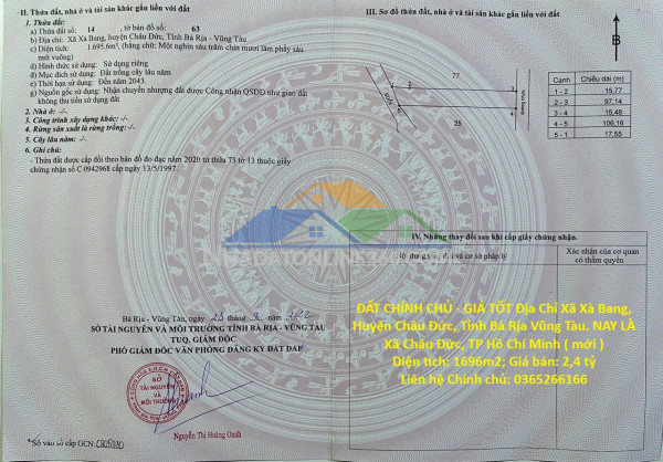 Đất chính chủ - giá tốt địa chỉ xã xà bang, huyện châu đức, tỉnh bà rịa vũng tàu