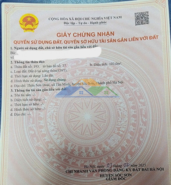 2 tỷ mà mua được 102m full thổ cư yaoj xã sóc sơn, không mua là mất