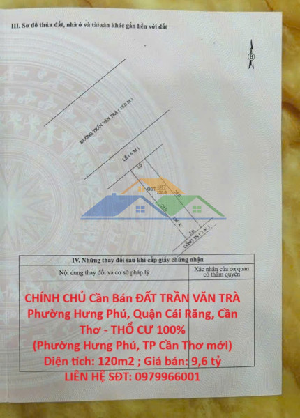 Chính chủ cần bán đất trần văn trà phường hưng phú, quận cái răng, cần thơ - thổ cư 100%