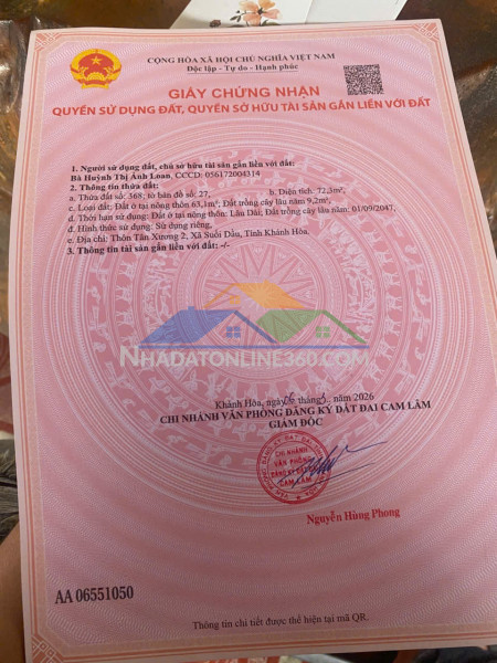 Cần bán lô đất thôn tân xương, xã suối dầu - khánh hòa.