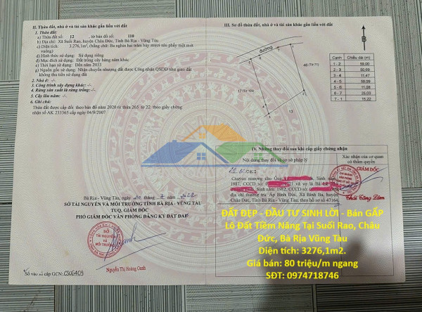 Đất đẹp - đầu tư sinh lời - bán gấp lô đất tiềm năng tại suối rao, châu đức, bà rịa vũng tàu