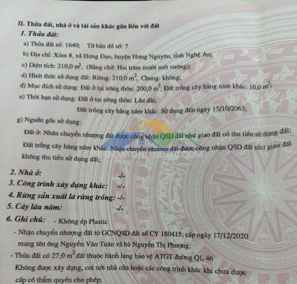 Chính chủ cần bán đất mặt đường quốc lộ 46, xóm 8 xã hưng đạo, huyện hưng nguyên, tỉnh nghệ an.