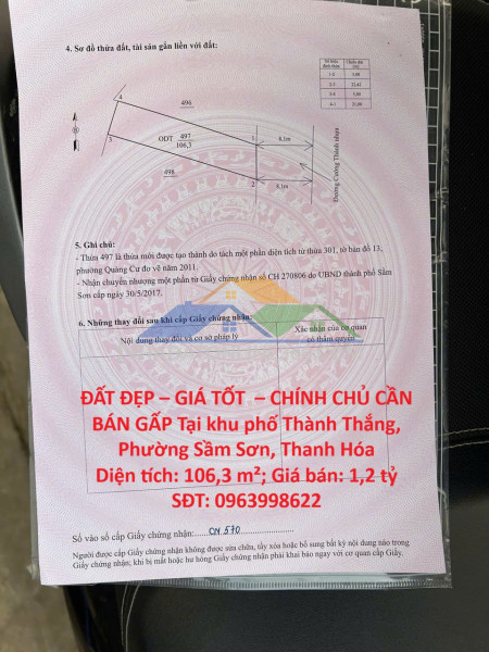 Đất đẹp – giá tốt  – chính chủ cần bán gấp tại khu phố thành thắng, phường sầm sơn, thanh hóa