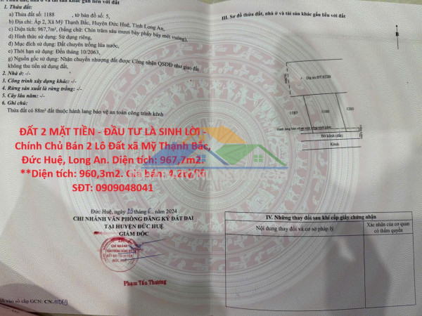 Đất 2 mặt tiền - đầu tư là sinh lời - chính chủ bán 2 lô đất xã mỹ thạnh bắc, đức huệ, long an