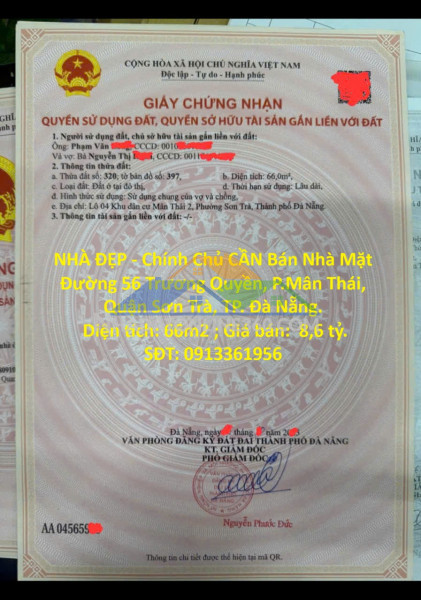 Nhà đẹp - chính chủ cần bán nhà mặt đường 56 trương quyền, p.mân thái, quận sơn trà, tp. đà nẵng.