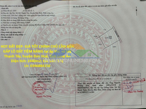 Hot đất đẹp- giá tốt chính chủ cần bán gấp lô đất tiềm năng tại huyện đức huệ, tỉnh long an