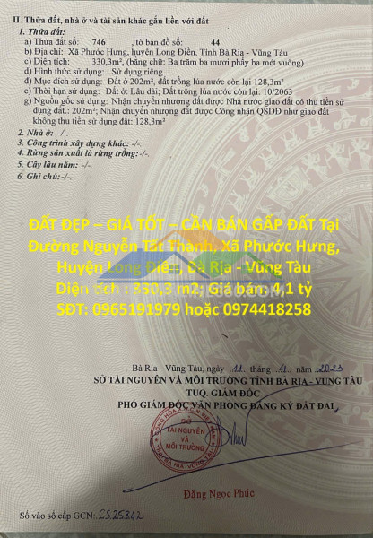 Đất đẹp – giá tốt – cần bán gấp đất tại xã phước...