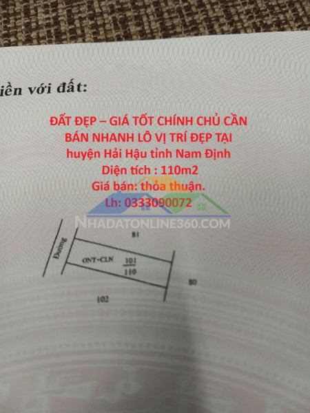 Đất đẹp – giá tốt chính chủ cần bán nhanh lô vị trí đẹp tại huyện hải hậu tỉnh nam định