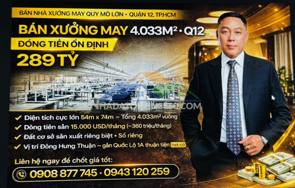 Xưởng may đông hưng thuận q12 gần ql1a - 4033m2 dòng tiền 360tr/th...