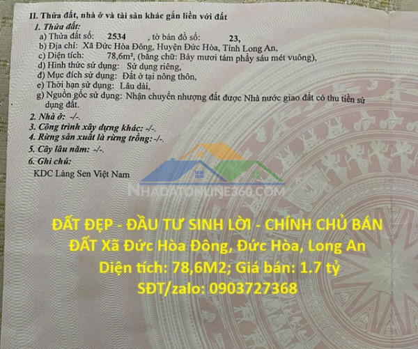 Đất đẹp - đầu tư sinh lời - chính chủ bán đất xã đức hòa đông, đức hòa, long an