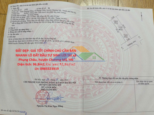 Đất đẹp- giá tốt chính chủ cần bán nhanh lô đất đầu tư sinh lời tại huyện chương mỹ, tp hà nội