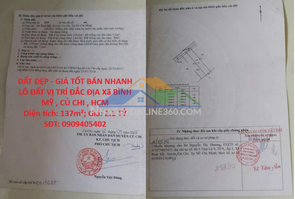 Đất đẹp - giá tốt bán nhanh lô đất vị trí đắc địa xã bình mỹ , củ chi , hcm