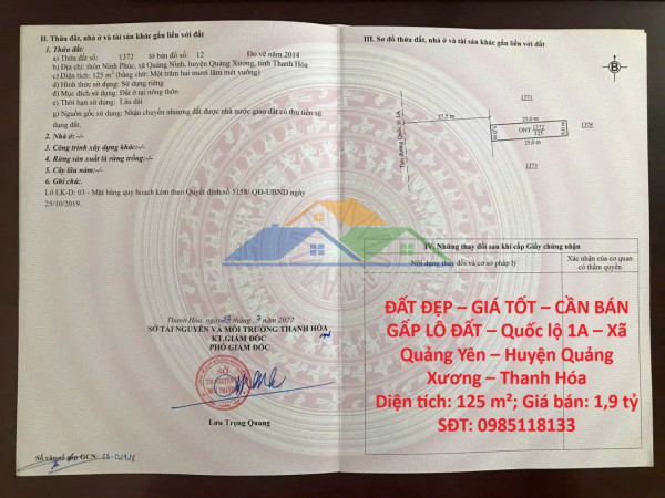 Đất đẹp – giá tốt – cần bán gấp lô đất – quốc lộ 1a – xã quảng yên – huyện quảng xương – thanh hóa