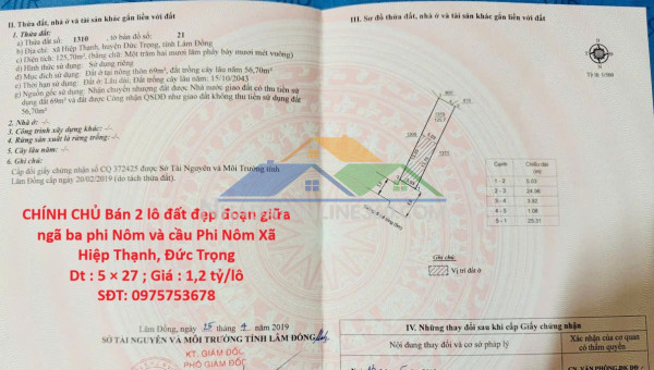 Chính chủ bán 2 lô đất đẹp đoạn giữa ngã ba phi nôm và cầu phi nôm xã hiệp thạnh, đức trọng