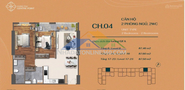 Bán căn hộ 2pn, 2wc - 87 m2 view đông nam - full nội thất , giá 4,75...