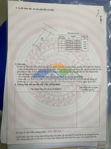 Cần bán 76m² quang minh mê linh – mt 5m – gần chợ, gần trường.5 tỷ.lh cc