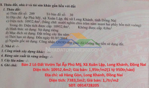 Đất đẹp - đầu tư là sinh lời - chính chủ bán 2 lô đất vườn tại tp long khánh, đồng nai