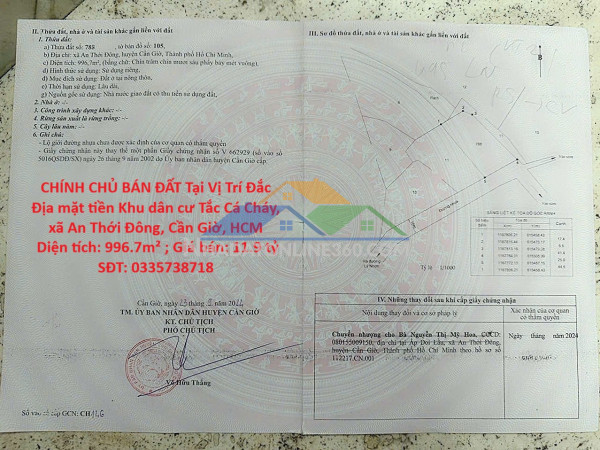 Chính chủ bán đất tại vị trí đắc địa mặt tiền khu dân cư tắc cá cháy, xã an thới đông, cần giờ. dt 996.7 m2, full thổ cư.