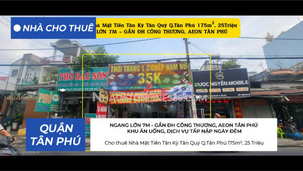 Cho thuê nhà mặt tiền tân kỳ tân quý q.tân phú 175m²,ngang 7m, 25triệu
