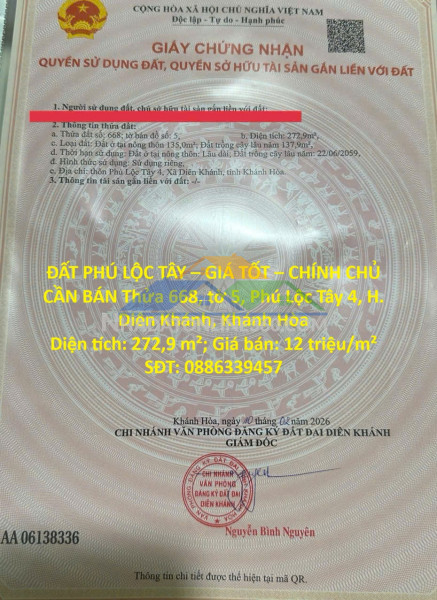 Đất phú lộc tây – giá tốt – chính chủ cần bán thửa 668, tờ 5, phú lộc tây 4, h. diên khánh, khánh hòa