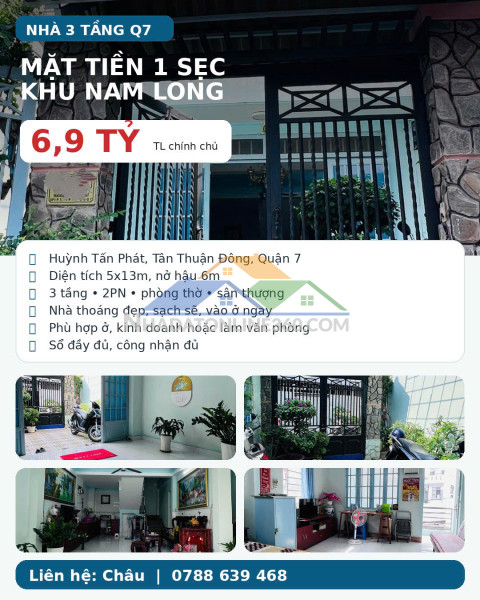 Nhà 3 tầng mặt tiền 1 sẹc nam long q7 – 6,9 tỷ tl