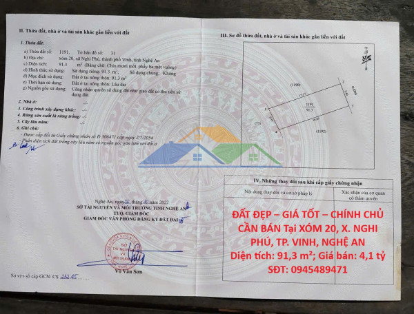 Đất đẹp – giá tốt – chính chủ cần bán tại xóm 20, x. nghi phú, tp. vinh, nghệ an