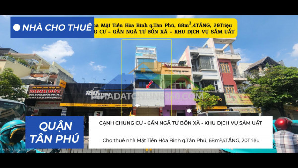 Cho thuê nhà mặt tiền hòa bình q.tân phú, 68m²,4tầng, 20triệu