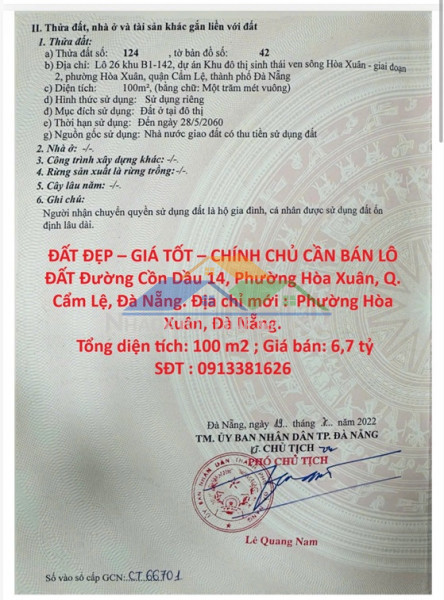 Đất đẹp – giá tốt – chính chủ cần bán lô đất đường cồn dầu 14, phường hòa xuân, q. cẩm lệ, đà nẵng.