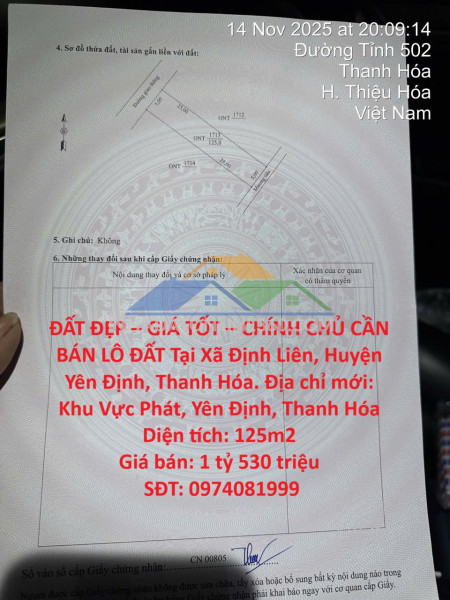 Đất đẹp – giá tốt – chính chủ cần bán lô đất tại xã định liên, huyện yên định, thanh hóa