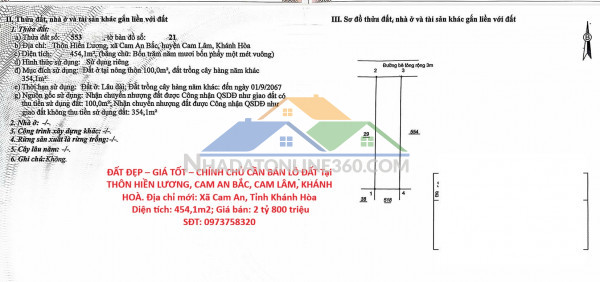 Đất đẹp – giá tốt – chính chủ cần bán lô đất tại thôn hiền lương, cam an bắc, cam lâm, khánh hoà
