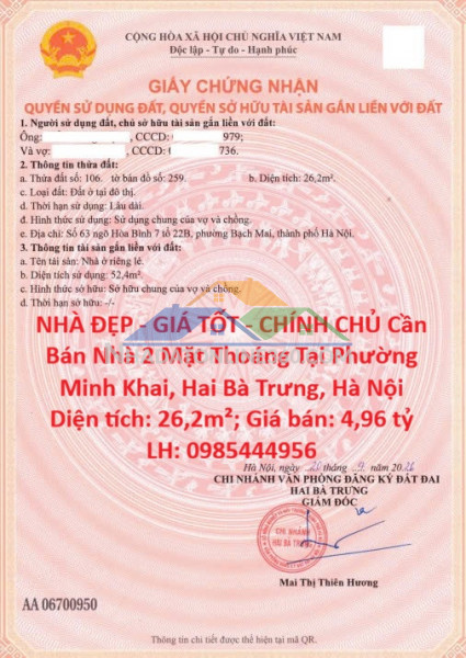 Nhà đẹp - giá tốt - chính chủ cần bán nhà 2 mặt thoáng tại phường minh khai, hai bà trưng, hà nội