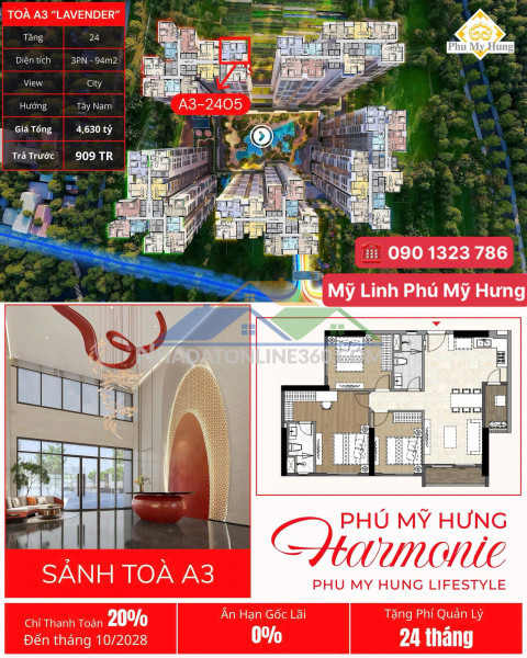 3 phòng ngủ harmonie phú mỹ hưng 4,6 tỷ, 95m2, 1 ô xe hơi, ls 0%, ân hạn gốc, ck 6%. xem ngay 0901323786