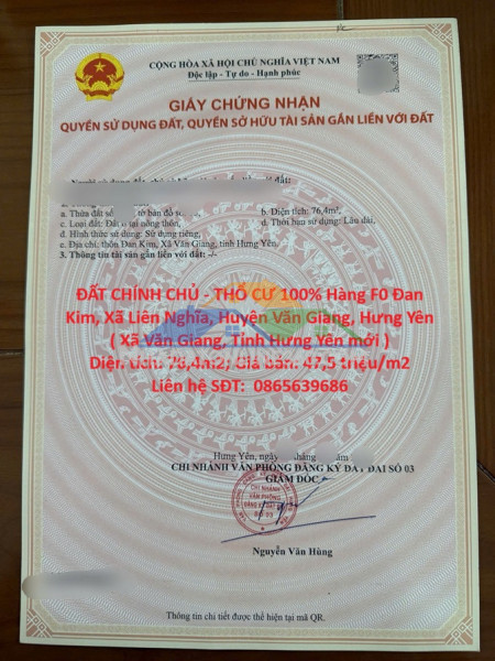 Đất chính chủ - thổ cư 100% hàng f0 đan kim, xã liên nghĩa, huyện văn giang, hưng yên