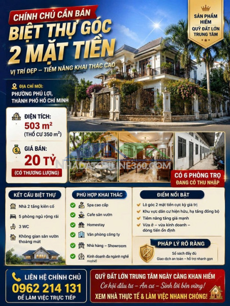 Chính chủ cần bán căn biệt thự góc 2 mặt tiền 500 m2 phường...