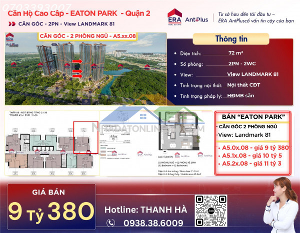 Chủ nhà eaton park - bán nhà đi mỹ - bán căn góc 2pn - đã có hđmb - công chứng ngay