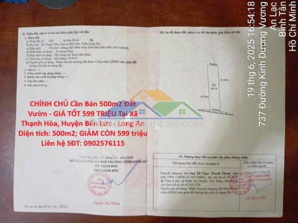 Chính chủ cần bán 500m2 đất vườn - giá tốt 599 triệu tại xã...