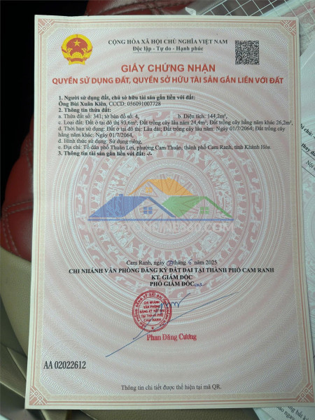 Chính chủ bán đất 93,6m² tổ dân phố thuận lợi, tp cam ranh
