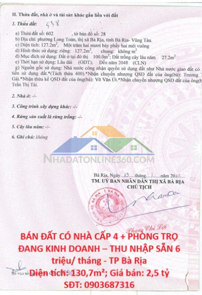 Bán đất có nhà cấp 4 + phòng trọ đang kinh doanh – thu nhập sẵn 6 triệu/ tháng - tp bà rịa