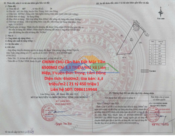 Chính chủ cần bán đất mặt tiền 6500m2 chỉ 3,3 triệu/m2 xã liên hiệp, huyện đức trọng, lâm đồng