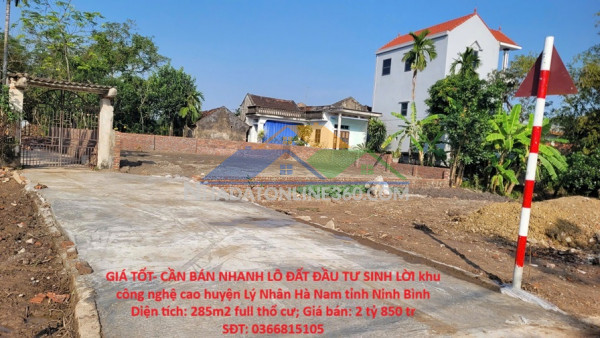 Giá tốt- cần bán nhanh lô đất đầu tư sinh lời khu công nghệ cao huyện lý nhân hà nam tỉnh ninh bình
