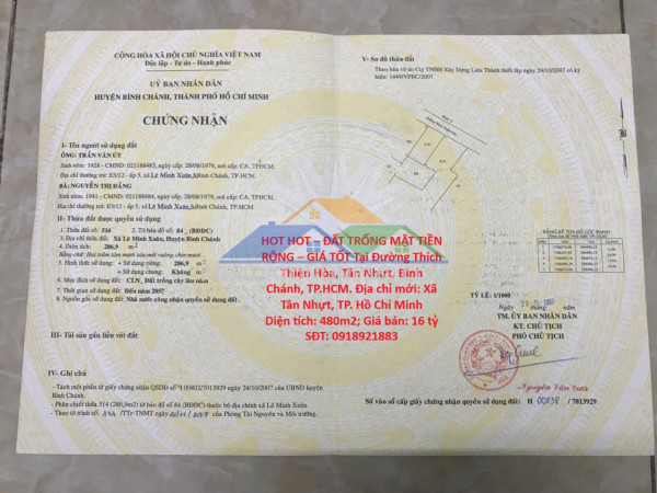 Hot hot – đất trống mặt tiền rộng – giá tốt tại đường thích thiện hòa, tân nhựt, bình chánh, tp.hcm