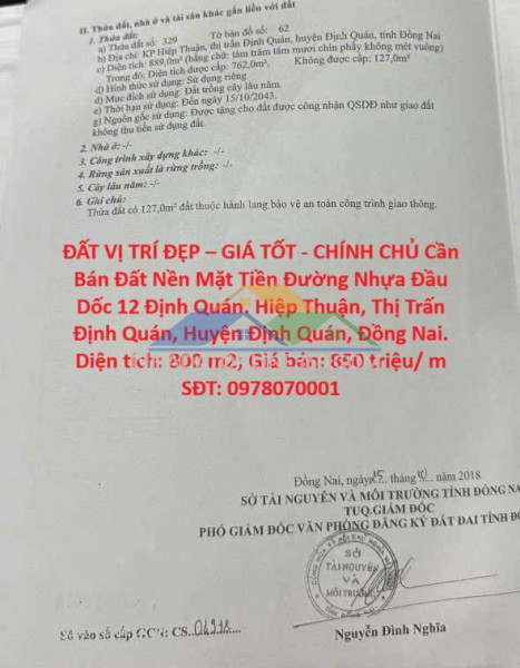 Đất vị trí đẹp – giá tốt - chính chủ cần bán đất nền mặt tiền đường nhựa đầu dốc 12 định quán.