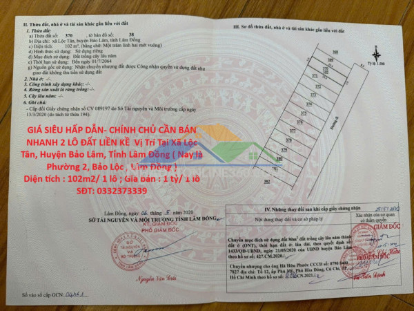 Giá siêu hấp dẫn- chính chủ cần bán nhanh 2 lô đất liền kề  vị trí tại phường 2, tp bảo lộc, tỉnh lâm đồng