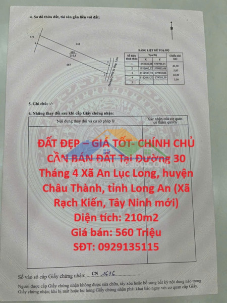 Đất đẹp – giá tốt- chính chủ cần bán đất tại xã an lục long, huyện châu thành, long an