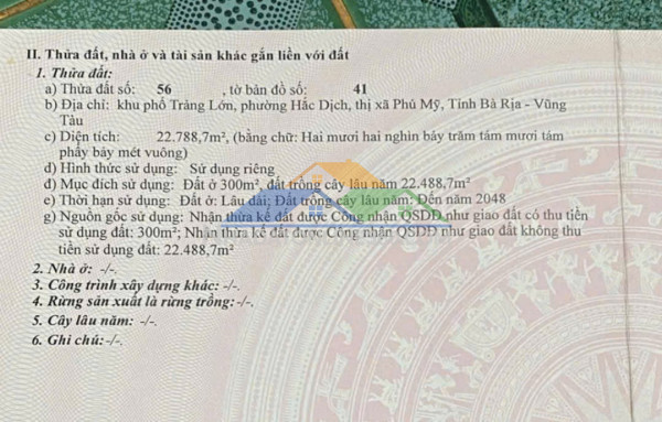 Bán đất diện tích lớn tại trung tâm phường hắc dịch – tx phú mỹ, bà rịa vũng tàu