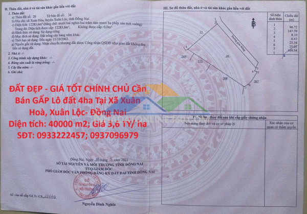 Đất đẹp - giá tốt chính chủ cần  bán gấp lô đất 4ha tại xã xuân hoà, xuân lộc- đồng nai