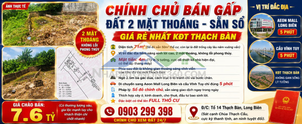 Chính chủ bán gấp đất 2 mặt thoáng sẵn sổ giá rẻ nhất kđt thạch bàn