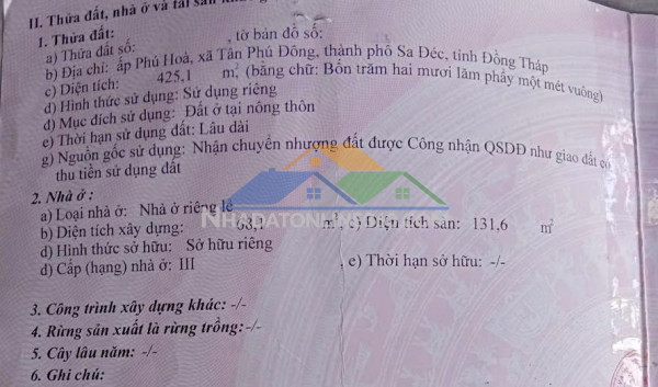 Bán đất thổ cư 425m2 đường lê hồng phong, p.tân phú đông, tp sa đéc, đồng tháp. sổ hồng, hướng đn. giá 4.5 tỷ.